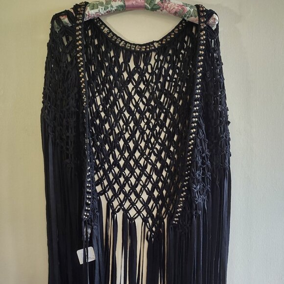 NWT Free People Heart of Gold Black Fringe Shawl Boho Western Festival One Size - Picture 2 of 10